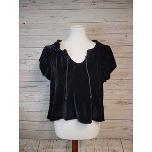 NWT Women S Free People Crop Top‎ Black Smocked Tie Neckline Velvet Short Sleeve